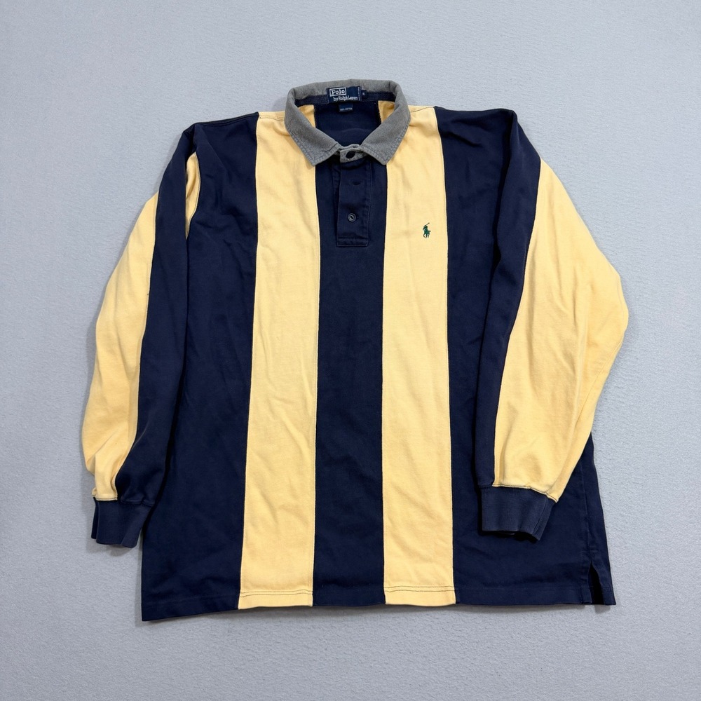 Vintage Polo Ralph Lauren Rugby Shirt XL Navy Yellow Vertical Stripe Long Sleeve